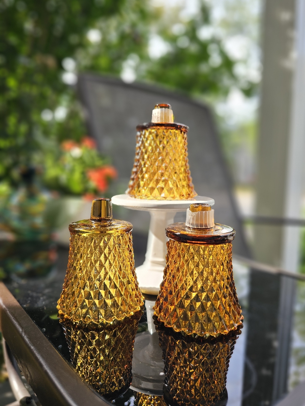 Vintage 1970s Homco Amber Glass Diamond Point Peg Votive Candle Cups - Set of 3